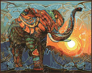 Peinture par numéros - Éléphant, mosaïque et coucher de soleil
