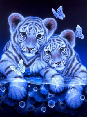 Broderie Diamant - Les frères tigres avec le papillon - Kit complet de Diamond Painting avec accessoires