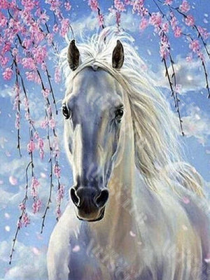 Broderie Diamant - Le cheval et sa robe blanche - Kit complet de Diamond Painting avec accessoires